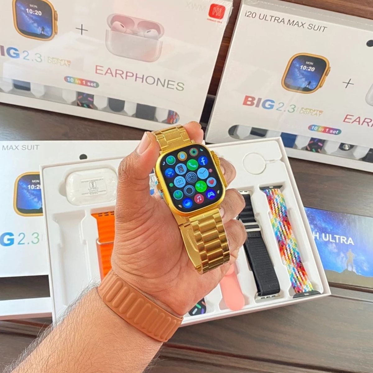 I20 Ultra Max Suit Smartwatch 10-in-1 Box – 2.3-Inch Large Display with 7 Mixed Color Straps and AirPods 2 – Complete Smart Combo Set for Men and Women