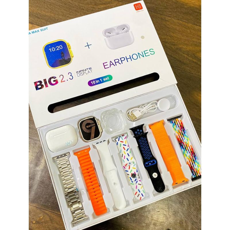 I20 Ultra Max Suit Smartwatch 10-in-1 Box – 2.3-Inch Large Display with 7 Mixed Color Straps and AirPods 2 – Complete Smart Combo Set for Men and Women